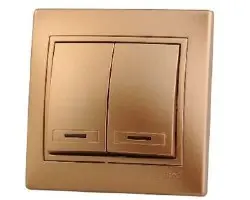 Выключатель Lezard МИРА двухклавишный с подсветкой металлик золото со вставкой 701-1313-112