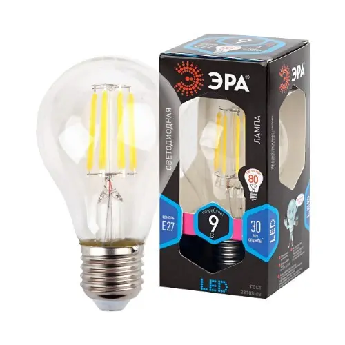Лампа светодиодная ЭРА F-LED A60-9W-840-E27 Е27 9Вт филамент груша