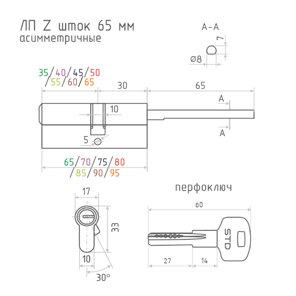 Фото для Цилиндровый механизм STD Z ЛП-65 (35х30) шток 65мм (хром)//Нора-М