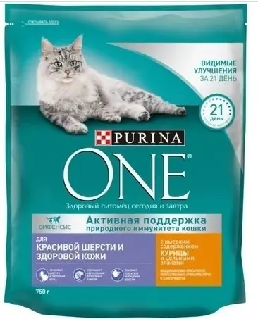 Purina One сухой корм д/ кошек, для красивой шерсти издоровой кожи , Курица и цельн злаки 750 г