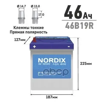 Фото для Аккумулятор 6ст- 46 А/Ч 46b19r Nordix Не Обслужив. Мл.Клемы Cca370a NORDIX арт. SMF46B19RNDX