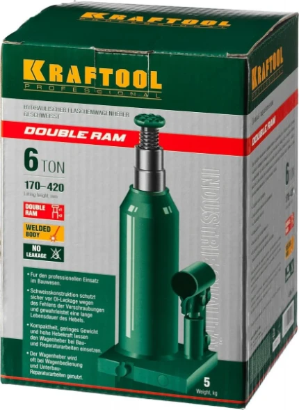 Фото для KRAFTOOL DOUBLE RAM, 6 т, 170 - 420 мм, с увеличенным подъемом, двухштоковый бутылочный домкрат (43463-6)