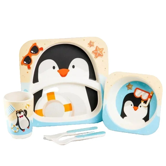 Набор посуды из бамбука Пингвин 5 предметов (тарелка,миска,стакан, вилка,ложка)